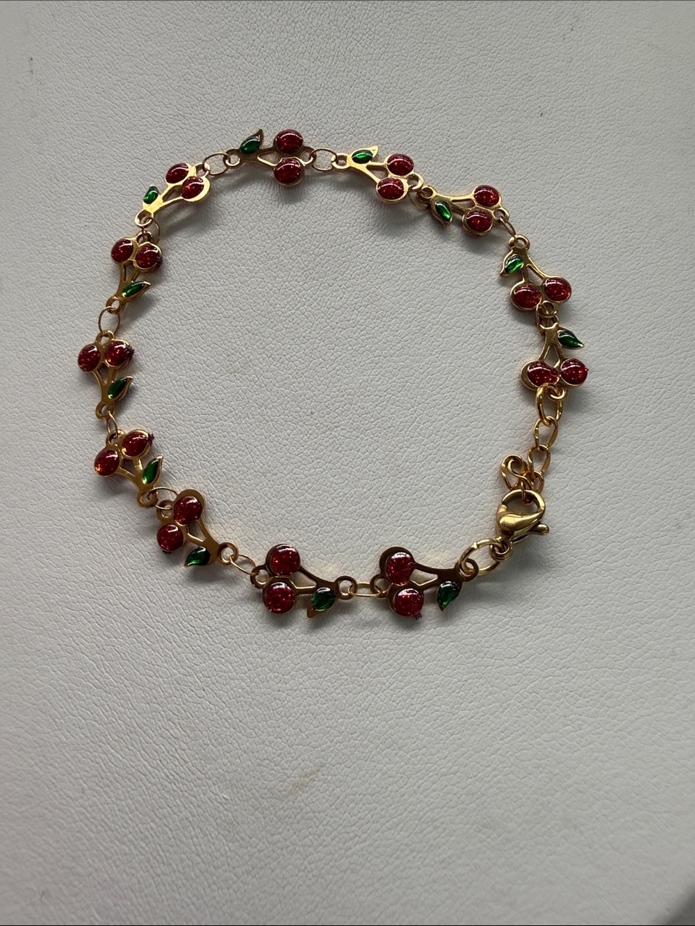 Gold stainless steel pvd 6” Red Cherry Link Bracelet with Green Leaves